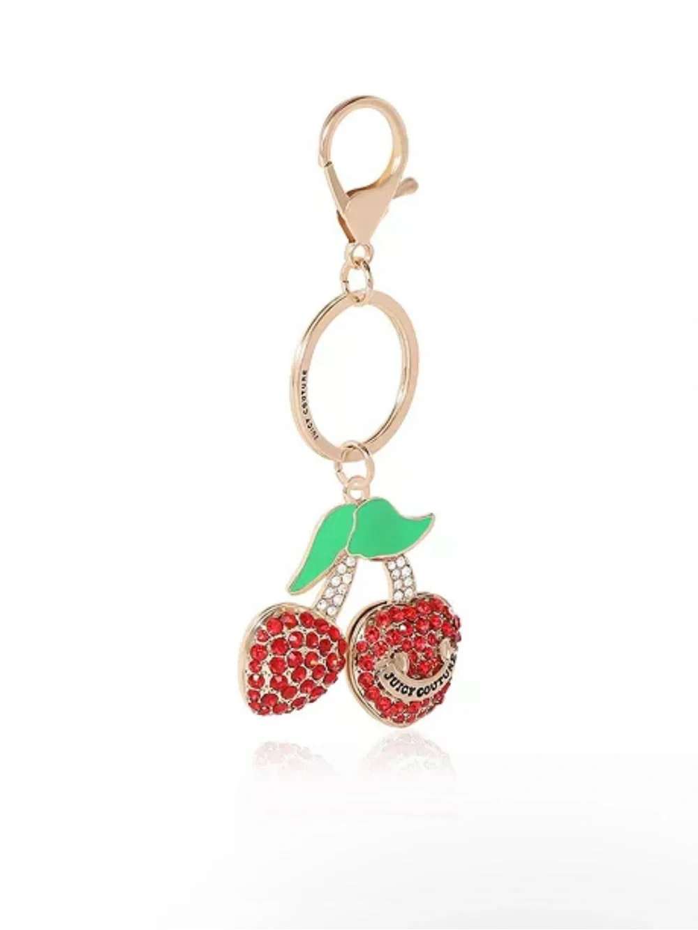 Juicy Couture Red Crystal Cherry Bag Charm Key Ring with Green Enamel Leaves
